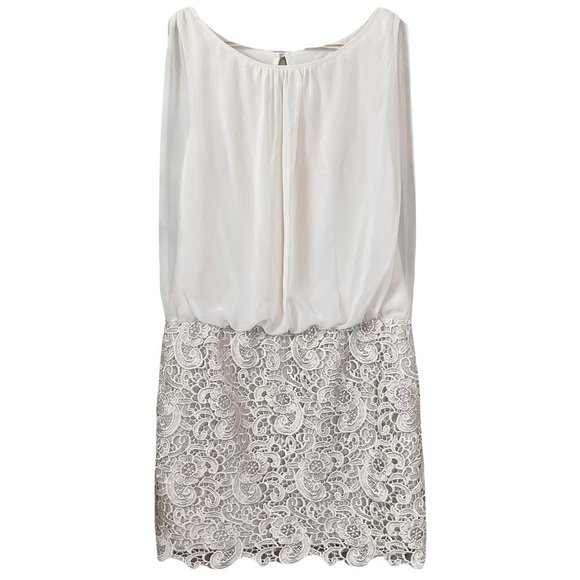 Aidan Mattox Crochet Lace Ruched Keyhole Cocktail Dress Taupe Beige Cream Size 6 - Picture 1 of 10